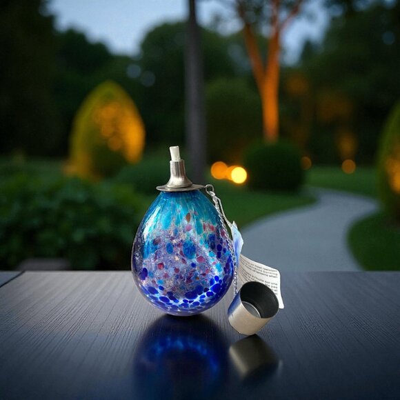 Hand Blown Art Glass Oil Lamp Blue & Purple Swirl with Silver Cap - Picture 1 of 8
